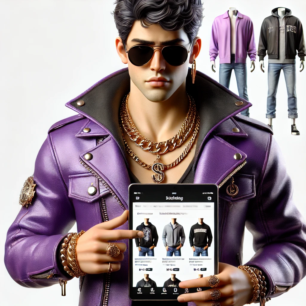 DALL·E 2024-10-18 17.15.23 - A three-dimensional, realistic image of a 'bad boy' wearing a purple jacket, black sunglasses, and gold necklace and bracelets. He holds a tablet show