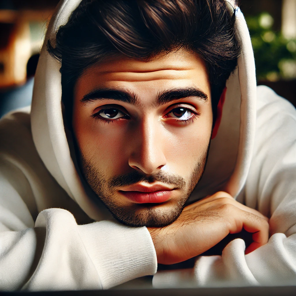 DALL·E 2024-10-21 19.10.03 - A 24-year-old Iranian boy wearing a white hoodie, working on a laptop and showing signs of sleepiness. He has distinct Persian features, with dark hai